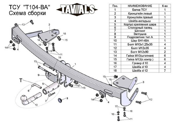 Фаркоп «TAVIALS» T104-BA для TOYOTA CAMRY (V30) седан 2002-2006 г.в. (с быстросъёмным шаром). Без выреза бампера. Тип шара: С. Нагрузки 1300/75 кг. Электрика в комплекте.