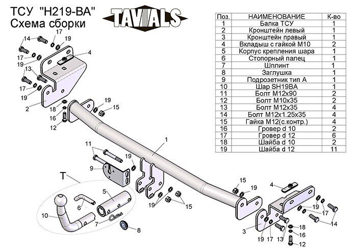 Фаркоп «TAVIALS» H219-BA для Hyundai Solaris седан 2010-2017 (подрезка бампера), Kia Rio III седан 2011-2017 / хетчбек 2011- (подрезка), Hyundai Solaris хетчбек 2010-2017 (без выреза бампера) (быстросъемный шар). Нагрузки 1200/75 кг. Электрика в комплекте